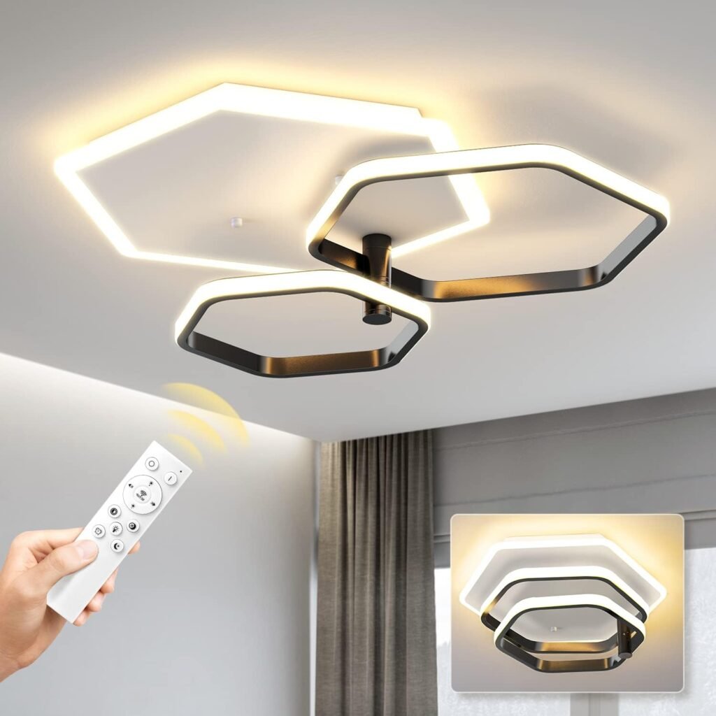 21.3in Dimmable Modern LED Ceiling Light with Remote, 3000K-6500K Acrylic Ceiling Light, Modern Black Flush Mount Chandelier Lighting Fixture for Kitchen Bedroom Living Room. (Can Rotate Adjustment)