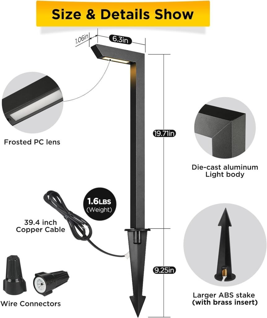 LED Low Voltage Landscape Pathway Light, 12V Modern Outdoor Walkway Light Wired, Heavy Duty Die-Cast Aluminum Housing and Frosted Finish, 5W Warm White 3000K, 235LM(19.7IN-Black, 4 Pack)