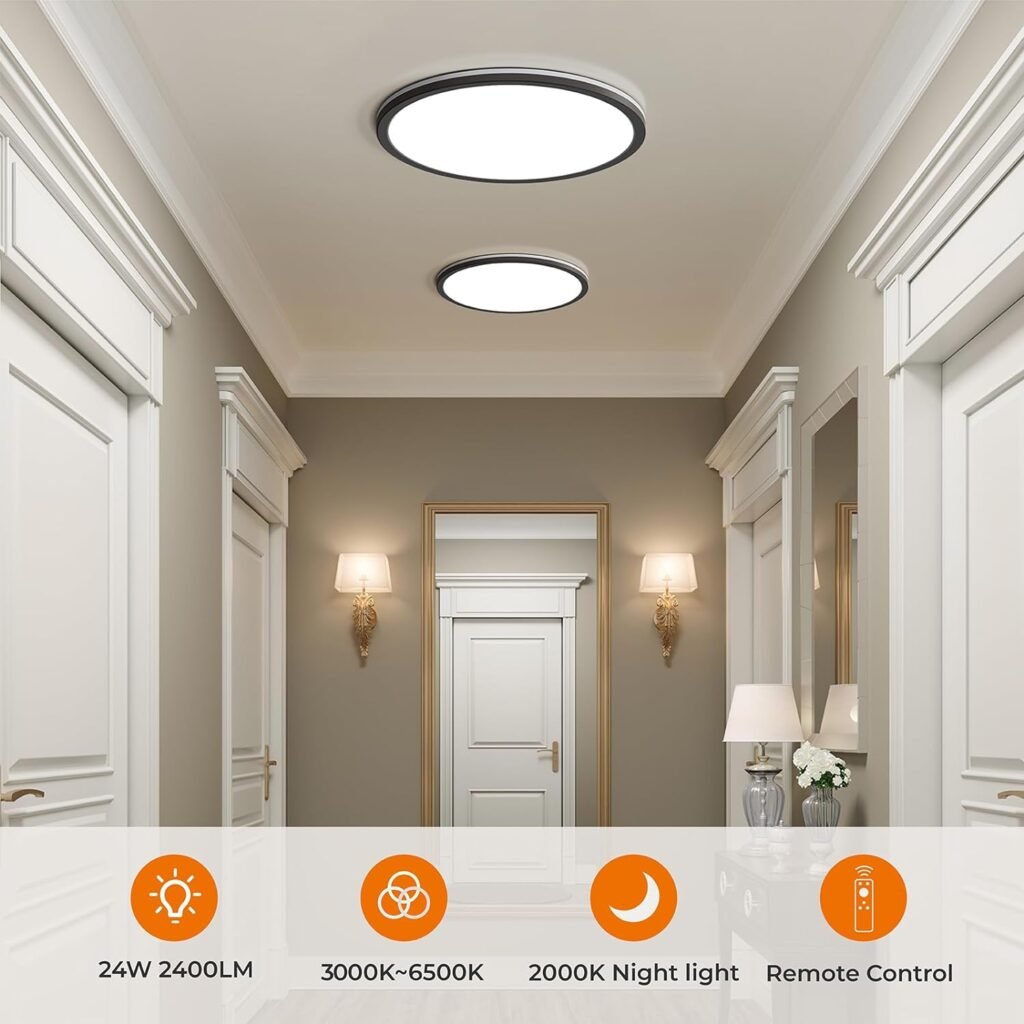 Matane 12in LED Flush Mount Ceiling Light Fixture with Remote Control, Nightlight 2000K Warm, 3000K-6500K Adjustable, Low Profile Ceiling Lights for Bedroom, Kitchen, Living Room, Black