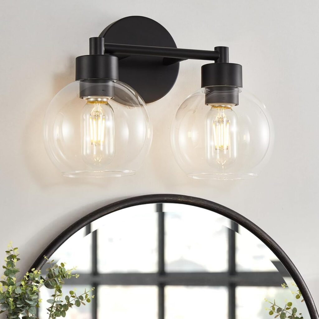 Black Bathroom Light Fixtures, 2 Lights Bathroom Vanity Light with Clear Globe Glass Shades, Wall Sconce Lamp for Mirror, Bedroom, Living Room, Kitchen