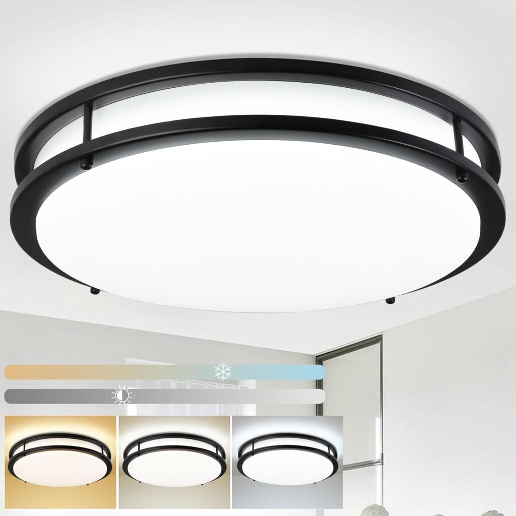 DLLT 48W Modern LED Flush Mount Ceiling Light with Remote, 18 Inch Dimmable Black Round Ceiling Lighting Fixture for Bedroom, Kitchen, Hallway, Night Light Mode, 3000K-6000K 3 Color Changeable