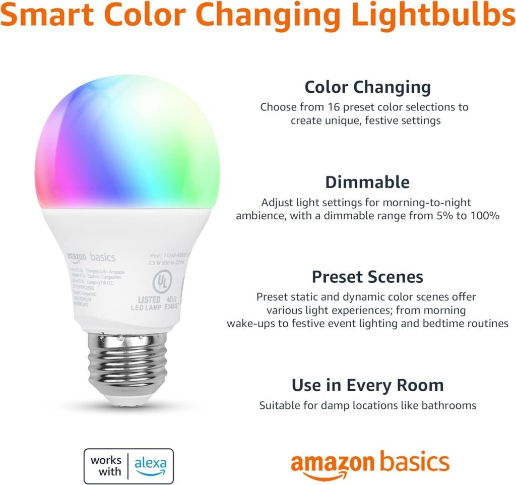 Amazon Basics Smart A19 LED Light Bulb, 2.4 GHz Wi-Fi, 7.5W (60W Equivalent) 800LM, 2200K - 6500K, Works with Alexa Only, 4-Pack, Tunable White