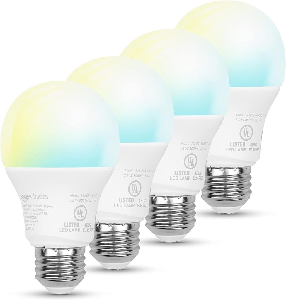 Amazon Basics Smart A19 LED Light Bulb, 2.4 GHz Wi-Fi, 7.5W (60W Equivalent) 800LM, 2200K - 6500K, Works with Alexa Only, 4-Pack, Tunable White