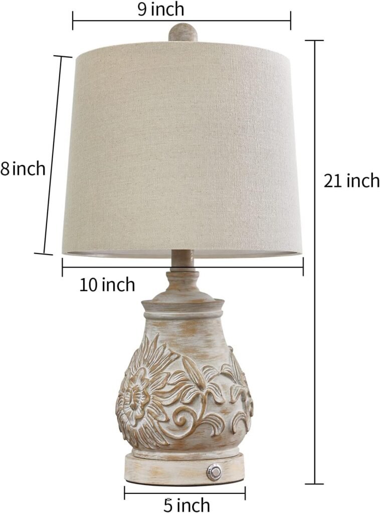 PoKat 18.5 Farmhouse Vintage Table Lamps for Living Room Traditional Carved Floral Bedside Lamps for Bedroom Rustic Night Light Lamps Washed White