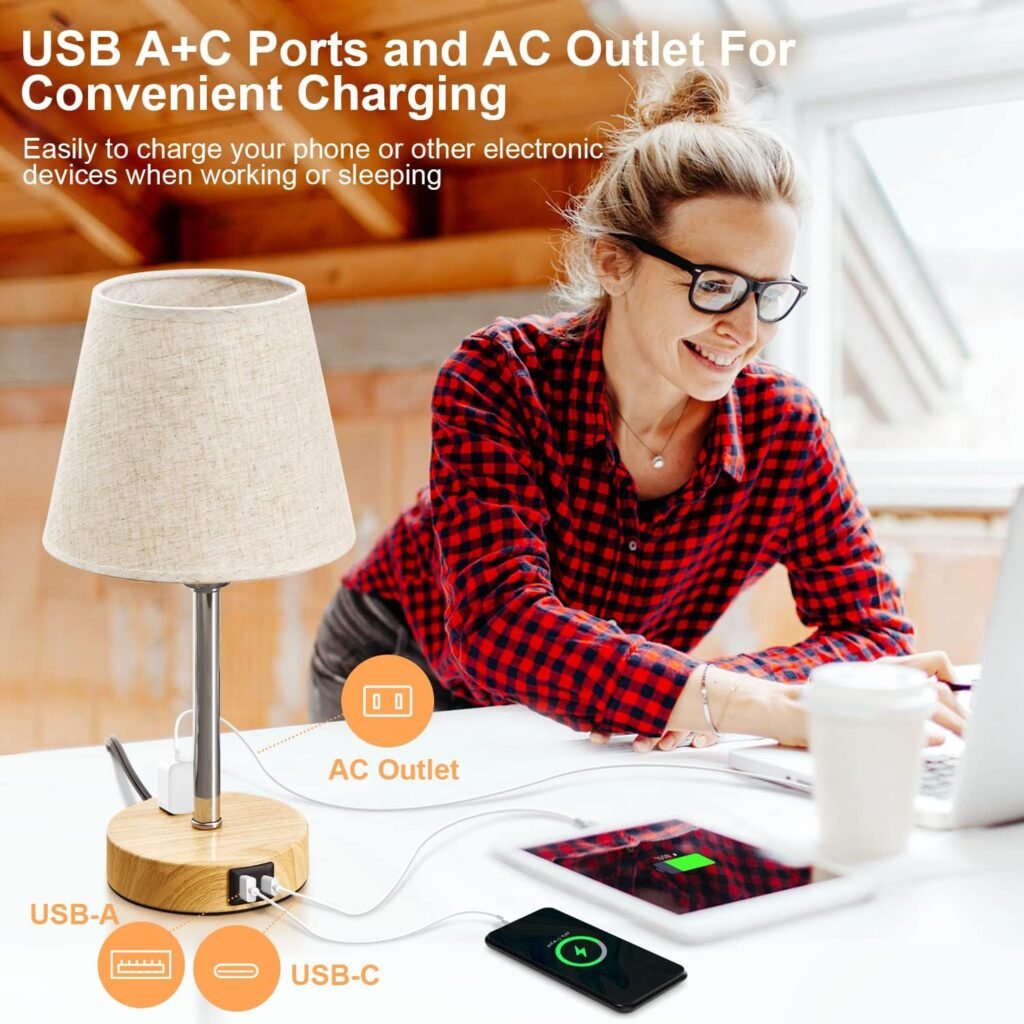 Touch Table Lamps Set of 2-Bulbs Included, Practical Bedside Lamps with USB A+C Ports  2-Prong AC Outlet, 3-Way Dimmable Nightstand Lamps with Linen Fabric Shade for Home Office Hotel