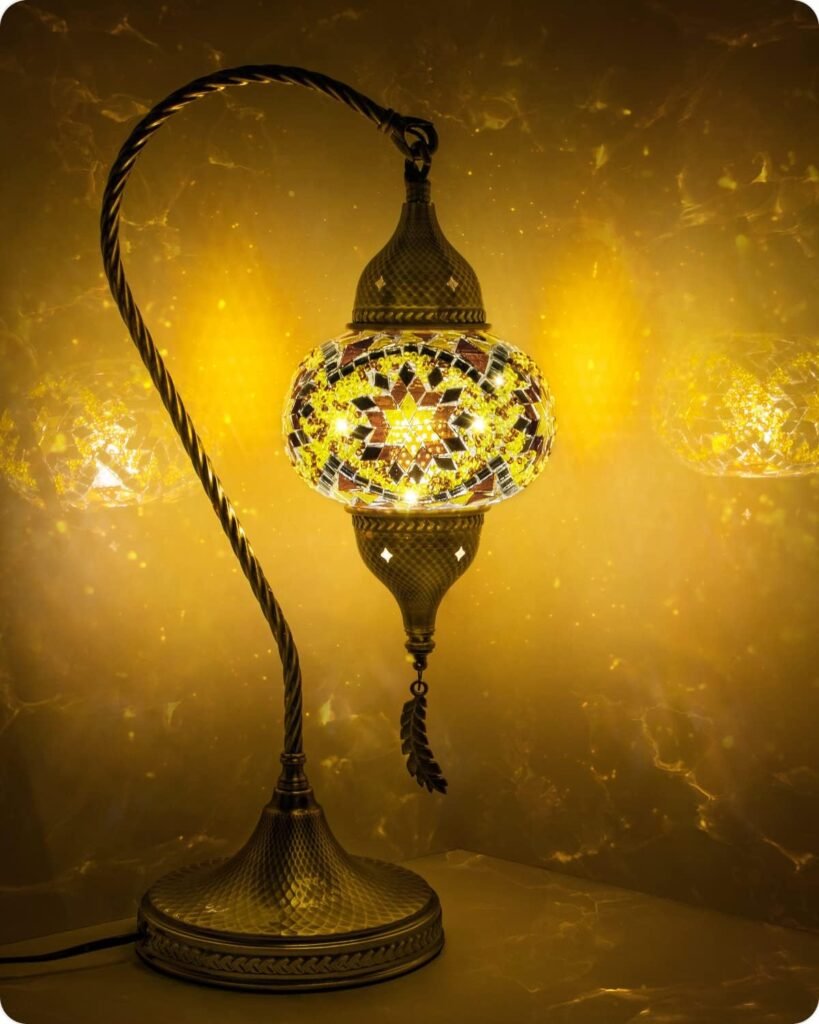 Yarra-Decor Turkish Moroccan Mosaic Table Lamp with Bronze Base - 3 Color Options Handmade Swan Neck Tiffany Mosaic Glass Bedside Lamps for Bedroom, 19 Yellow1(LED Bulb Included)